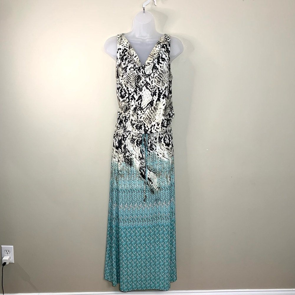Milano Sleeveless Maxi Dress Cowl V-neck Neck Teal Black Snake Print Loose Fit S